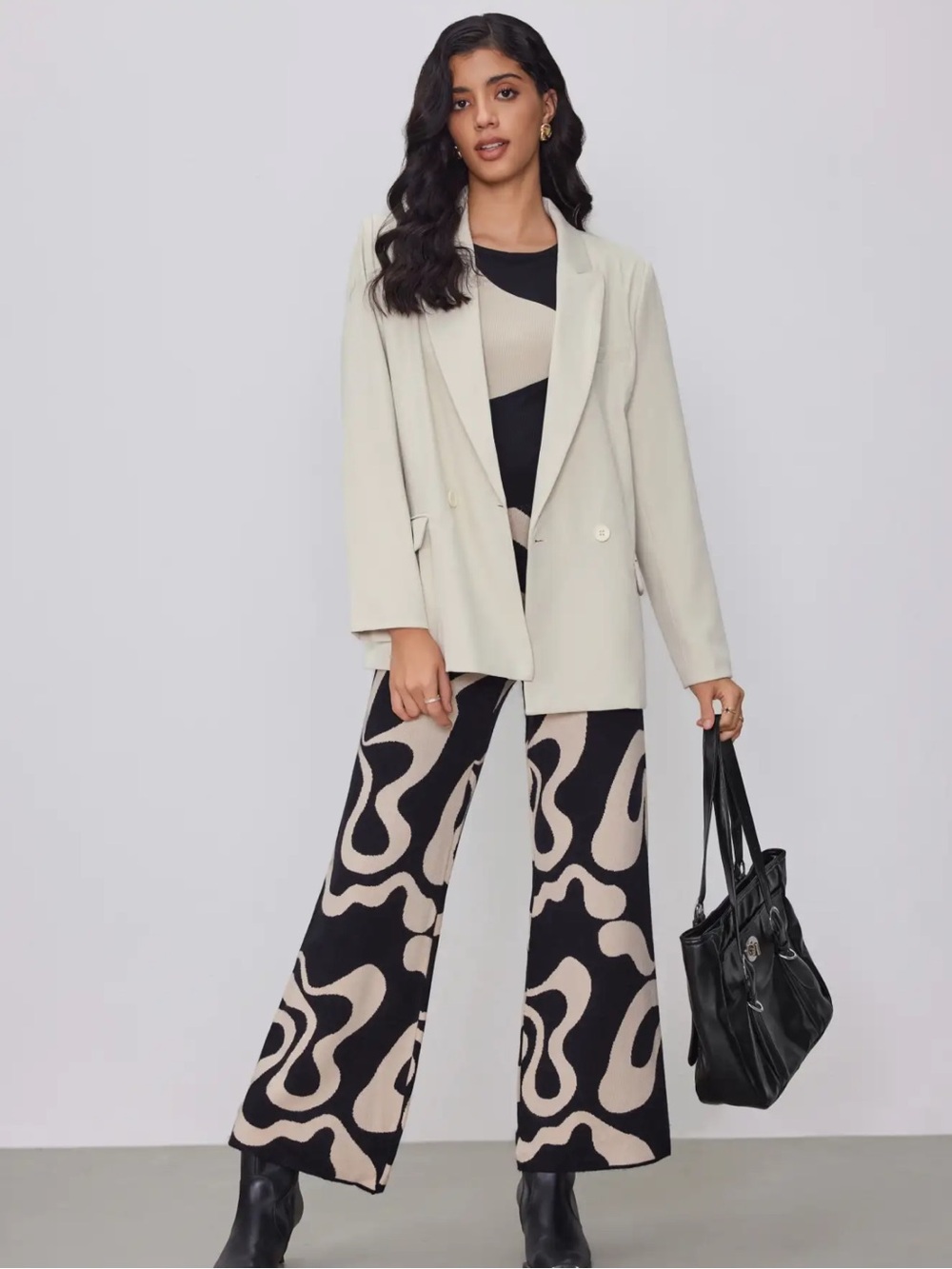 CIDER - Set - Black & Cream Wide-Leg Abstract Pattern pullover and pants